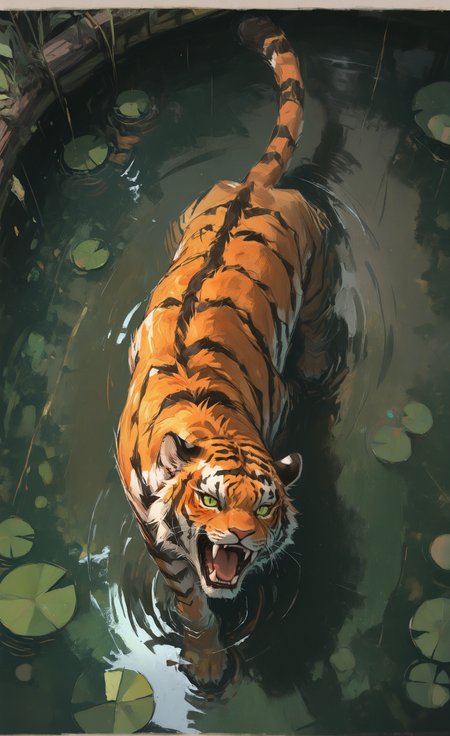 masterpiece, best quality, amazing quality, highres, masterpiece,
tiger, green eyes, tongue, colored sclera, yellow sclera, whiskers, fangs, looking at viewer, open mouth, water, ripples, lily pad, pond, no humans, animal focus,
from above, High Angle,Wide Shot, negative space, <lora:illustriousXL_stabilizer_v1.23:0.3> <lora:NOOB_vp1_detailer_by_volnovik_v1:0.3> <lora:ponyv6_noobE11_2_adamW-000017:0.7> <lora:negative-space:0.7> <lora:shiej007:0.6> <lora:96YOTTEA-WAI:0.8>