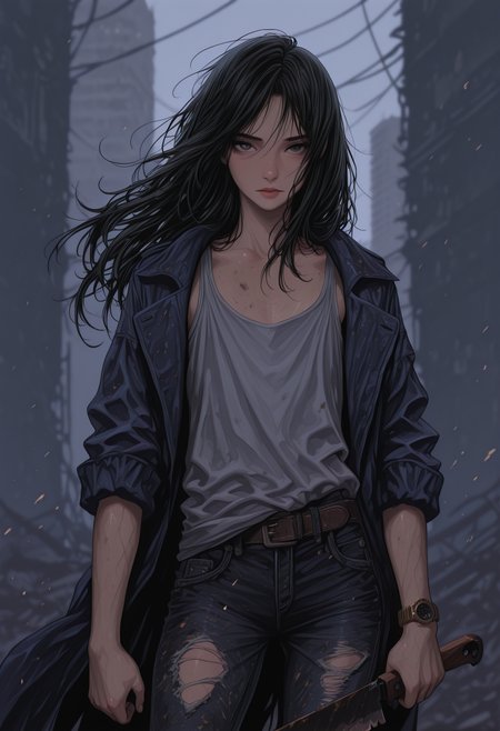 masterpiece, 8K, depth of field, focused subject, best quality, absurdes,newest,detailed eyes,32k,ultra detailed, 1girl, solo, black hair, long hair, loose tank top, dirty clothes, thin straps, flat chest, fit, athletic, (abs:0.25), relief, veiny, dark blue coat, wind effect, rolled coat sleeves, banadged forearms, torn jeans, belt, brave and sexy, look at viewer, watch bracelet, holds rust machete, arrogance pose, challenges the viewer, hand forward, dystopian background, cityscape outlines, last of us videogame reference, hassaku_illu, <lora:HassaKu_style:0.7>, sinozick_illu, <lora:Sinozick_style:0.5> <lora:reij-rt:1>, arsmjstyle, <lora:HyperdetailedColoredPencilIl:0.2>