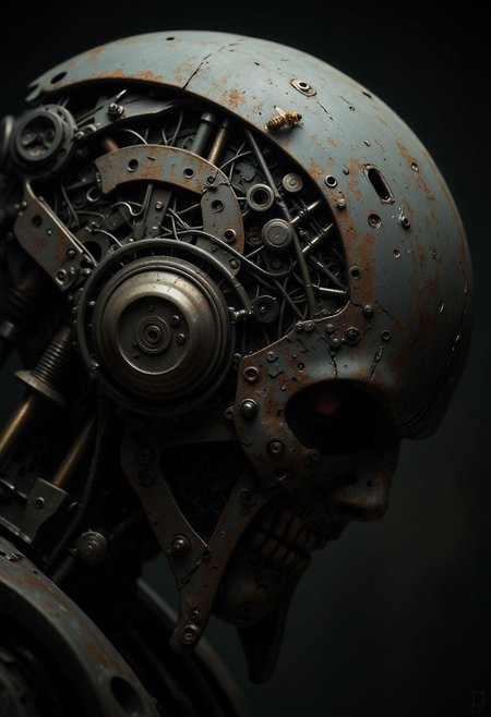 Close-up of an ancient, dust-covered robot cyborg head, its metal components worn and eroded with time. its circuitry, with some perched on its rusted parts intricate details. The scene is dystopian, captured in faded, gray tones that convey a sense of abandonment and decay. Soft, atmospheric lighting casts moody shadows, focusing closely on a single bee exploring the cyborg’s weathered surface, highlighting the contrast between nature and machine in a hauntingly beautiful display.