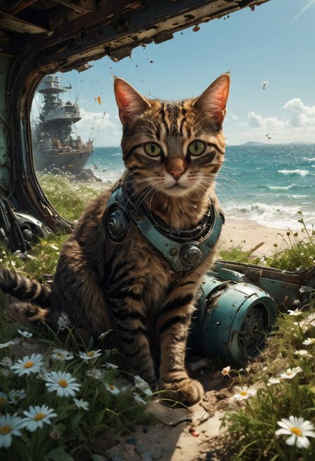 Photo of TWbabeXL01, NSFW, photorealistic, by Greg Tocchini,  a beautiful female pilot with torn uniform sitting beside a destroyed badly damaged huge robot in a beautiful beach. The destroyed robot is huge to carry passengers like a space ship. The female pilot's breast is exposed, Cats running around:1.5, (Broken windows, broken body, spare parts scattered nearby.) Grass and flowers grow around it. Sunny summer day. ocean. Calm and beautiful. Detailed art, many details, cute, adorable, fairytale, storybook detailed illustration, cinematic, ultra highly detailed, beautiful details, vibrant colors, complex background, fine art, best quality, hyper detailed, professional poster art, bold lines, award winning, trending on ArtStation , (intricate details, masterpiece, best quality:1.4), looking at viewer, dynamic pos, in the style of nicola samori