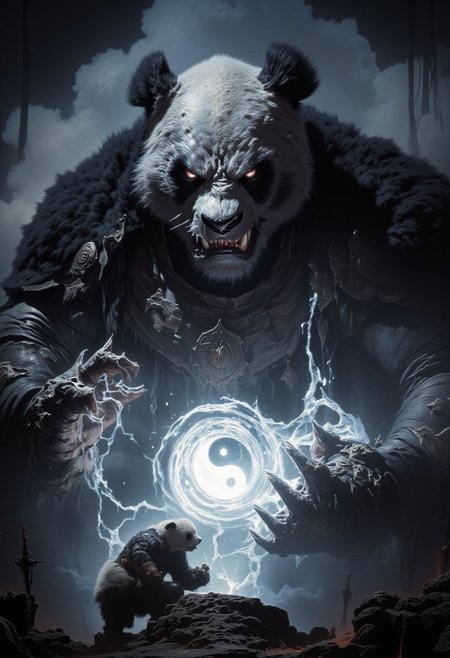 very dark focused flash photo, amazing quality, masterpiece, best quality, hyper detailed, ultra detailed, UHD, perfect anatomy, portrait, dof, hyper-realism, majestic, awesome, inspiring. Capture the fierce panda master ,swirling magical energies , glowing yin yang symbols between pandas hands, battle,ancient artifacts and ethereal light. Cinematic composition, soft shadows, National Geographic style.  <lora:dark_fantasy_flux:0.83> <lora:FredFraiStyle-FLUX-Share:0.63> <lora:sxz-Dark-Fantasy-v2-Flux:0.33> drkfnts style,
