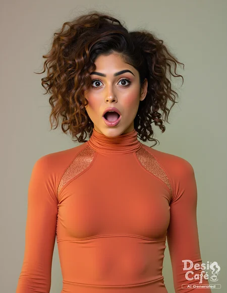 from front photo of n41n4 woman, hyper realistic photo that is safe for work, mouth open in surprise, studio quality image with natural colors, well dressed wearing intricate turtleneck Apricot full body Gym Wear, hair styled as  curls,muted pastel shaded multicolored background that contrasts with the person, cinematic lighting,âââââ   <lora:n41na_Naina_Ganguly_Flux_Kohya_V1:0.9>âââ