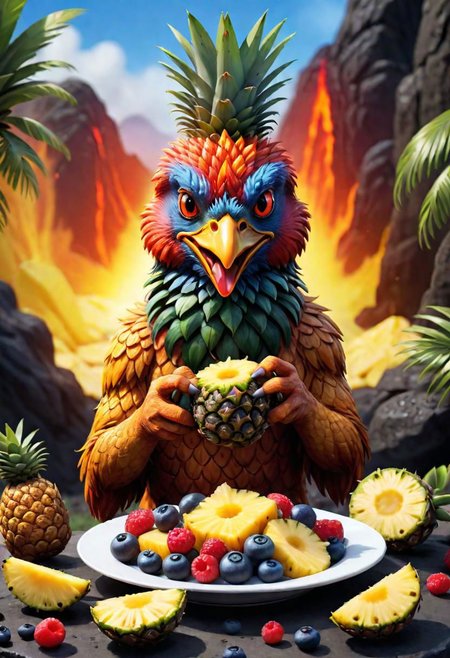 happy lava chicken eating berries, pineapple slices, eyeart