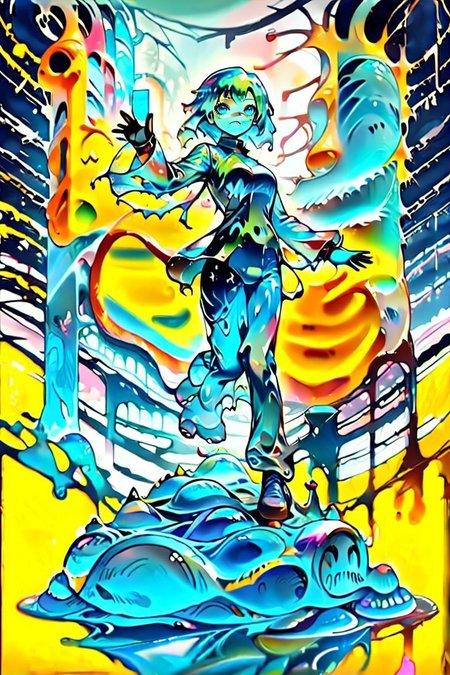 a woman is walking along the highway with travel gear and backpack, she sees a car pass and attempts to wave it down, jumping and waving her arms, slime-morph, sl1m3d, made of slime, anzhcdreamwave, aesthetic