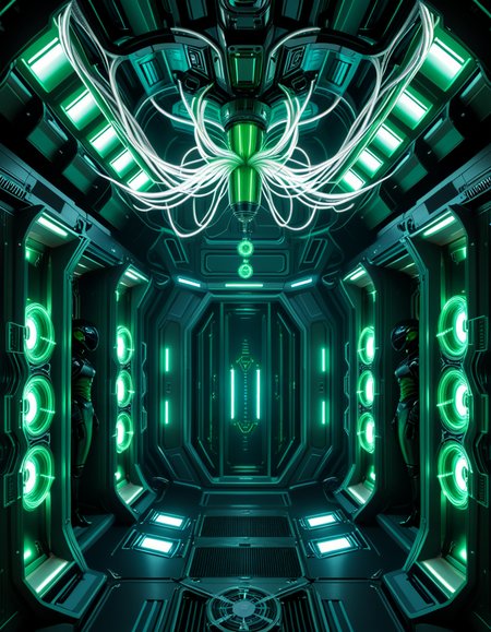 A dark, oppressive regeneration chamber deep within a Borg vessel â a biomechanical environment where drones return to recharge and interface with the collective. The chamber is dimly lit with pulsating green and white lights that flicker through dense shadows. The walls are lined with vertical alcoves, each containing a Borg drone standing motionless, plugged into the system via biomechanical tendrils, tubes, and neural interfaces embedded into their bodies.
The surfaces of the room are a fusion of metallic plating, organic texture, and cybernetic growths â as if the ship itself is alive, constantly shifting and adapting. Steam hisses softly from vents near the floor, and faint mechanical whirring echoes through the chamber. Fiber optic cables pulse with data transmissions, running across the ceiling like glowing veins. 
Above, a central neural conduit hangs like a mechanical spine from the ceiling, branching out and connecting to each alcove, feeding the collective hive mind with real-time information. The atmosphere is cold, sterile, and unnervingly silent â a place devoid of individuality, where only the will of the collective exists. There is no comfort here, only efficiency, order, and total control. 
<lora:SDXLFaeTastic2400:0.4> <lora:extremely_detailed:0.4> extremely detailed,<lora:borg_recharge_ch4mb3r:1>,borg recharge ch4mb3r, Masterpiece,best quality,hi res,8k,hi res,8k,award winning,(sharp focus, intricate, highly detailed),