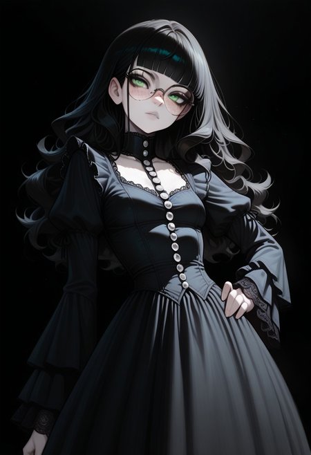 high_quality, highres, detailed, masterpiece, best quality, absurdres,Claudia, ClaudiaRH,  long black hair, wavy hair, blunt bangs, green eyes, big squared eyeglasses, small breasts, slim, pale skin, freckles, wearing Jedgthd, gothic dress, black lace , high neck, long ruffled sleeves, silver buttons, black background,,  model_pose_one_hand_on_hip,