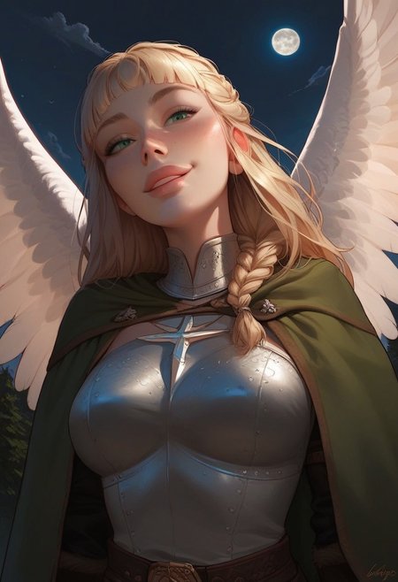 ASCII, score_9, score_8_up, score_7_up, ((((countryside)))) , clouds, night, moon, camping, army tent, viking camp, viking shield, furs, swords,
wearing green cape,  winged helmet , detailed, angel wings, armor, detailed body, detailed face, cute face, 20 yo,  1 girl , pointing a sword to the viewer, (big lips:1), black eyeshadow, pose, blonde hair, silky smooth hair, hair braid, hime cut, big eyes, light green eyes,large breast, perfect breast, bombshell body, sensual, (((smug, happy, laughing))), high res image, volumetric lighting, masterpiece, light on face, ((wide angle)), zPDXL3, Expressiveh