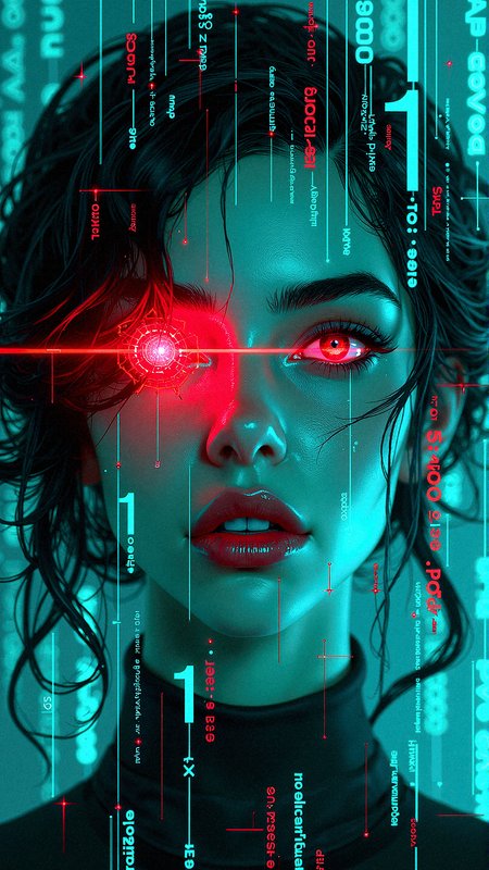 The Quantum Dreamer, A  portrait of a woman with a cybernetic red eye, her face lit by cascading streams of glowing numbers and equations. The background is an infinite expanse of overlapping periodic elements, pulsating in neon blues and greens. 

Extreme emphasize on photorealistic, realistic detail, realistic reflection detail and realistic background detail. 















