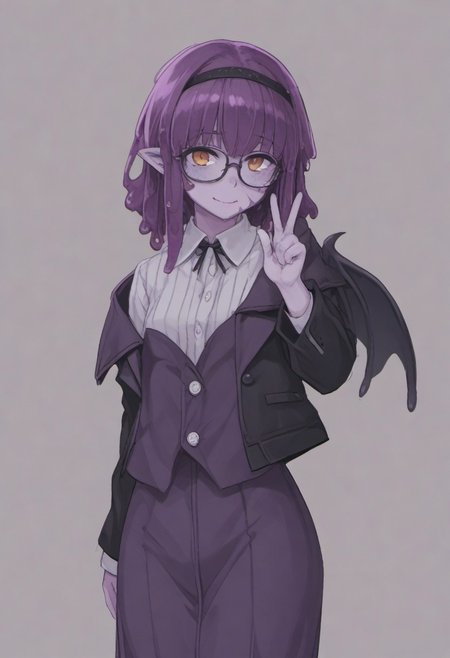 score_9, score_8_up, score_7_up, score_6_up, 1girl, solo, source_anime, purple skin, scar on face, freckles, slime hair, slime girl, pointy ears, demon wings, huge horns, drooling, bangs, hair over eyes, undead, hairband, glasses, suit jacket, white pencil skirt, long skirt, pantyhose, hairband, small breasts, skinny, curly hair, medium hair, hime cut, brown eyes, profile, winking smile, v