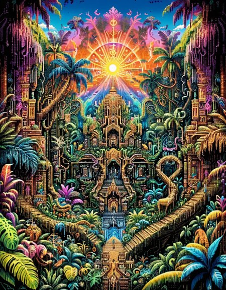 surreal, landscape of a Dense (ral-ansrt:1.1) , complex background, jungle, tactile and visual interest, <lora:ral-ansrt:1.2>, fabulous colors, magical, very, theatrical, elaborate, complimentary colors, highly decorated, sunny, epic