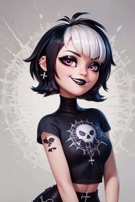 score_9, score_8_up, score_8, medium breasts, (curvy), cute, eyelashes,       BREAK, ,   ,,, <lora:GothMavis_PDXL:0.8>, zzGothMavis, black hair, white hair, makeup, short hair, black lips, multicolored hair, two-tone hair, ear piercing, eyeshadow, gothic, shirt, lipstick, tattoo, turtleneck, cross ,,, , BREAK, smile, looking at viewer, ,,, abstract background, white outline, cowboy shot, ,,, embedding:zPDXL, Expressiveh, ,,, <lora:CatalystStylePDXL:0.6>, <lora:SDXLFaeTastic2400:0.5>, <lora:Expressive_H-000001:0.4>,