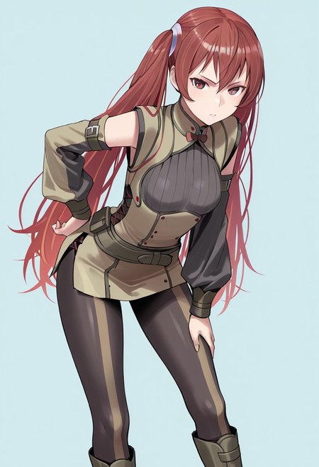 masterpiece, best quality, crimsonj-girl.fightil,
  1girl, Severa, long hair, red hair, twintails, red eyes, Tunic, detached, sleeves, pantyhose, boots
looking at viewer
  Simple background, ,  perfect anatomy
