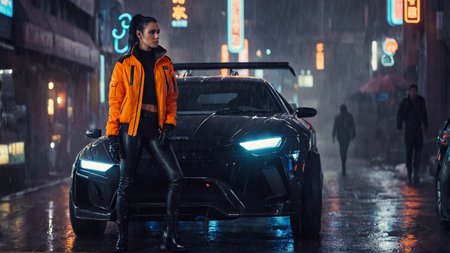 cinematic film still of  <lora:detailed_notrigger:0.1>
<lora:facial expression style v2:0.1>
<lora:perfection style:0.1> perfection style
<lora:TeethXL:0.1>
<lora:detailed:0.1> detailed
 <lora:skin texture style:0.2>
 <lora:anamorphic bokeh style:0.9> anamorphic bokeh style
 <lora:Hollywood Anamorphic format film style:0.3>
 <lora:cinematic color motion picture film style:0.1>
 <lora:Blade Runner Style:0.5>
 <lora:Blade Runner style:0.1>
Cinematic Hyperrealistic Artstation Artwork of a cyberpunk woman standing next to a futuristic car in a city in arainy day at night Blade Runner style, 1girl, solo, black hair, gloves, jacket, boots, outdoors, shoes, pants, night, black pants, ground vehicle, motor vehicle, science fiction, rain, car, vehicle focus, orange jacket, cyberpunk, neon lights, sports car, ponytail, dark skin, realistic
, shallow depth of field, vignette, highly detailed, high budget, bokeh, cinemascope, moody, epic, gorgeous, film grain, grainy