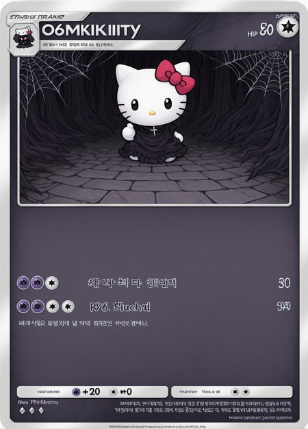 hello kitty \(character\), purple black theme, dark forest, pavement, spider web, horror \(theme\), cross, 666, close-up, looking at viewer,
card \(medium\), custom tcgpocket, 
character name, (korean text:1.05), fake screenshot, official style, 
copyright name, watermark, artist name, copyright notice, watermark,
rating safe, omufujoshi,
masterpiece, best quality, amazing quality, <lora:omufujoshi:1.0> <lora:tcg_pocket_resized:1.0>