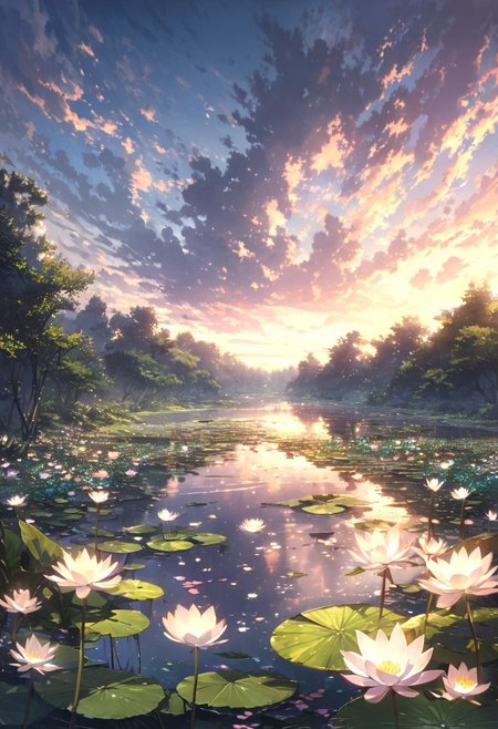 detailed background,( Calm spring night landscape), amongst lush greenery, beautiful view, Water lilies in full bloom, Water lilies, Unexplored, early morning, sunrise sky, beautiful clouds, dappled sunlight, beautiful, Tranquil Lake, Walkway, petals dancing in the wind, depth of field, masterpiece, best quality, ultra-detailed, very aesthetic, illustration, perfect composition, intricate details, absurdres, moody lighting, wisps of light, no humans,