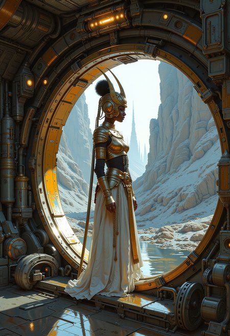 Cyberpunk concept art. Medium shot. A female African warrior in samurai armour stands at the viewport of a military spaceship. Painterly. Soft brushstrokes,  golden accents. Ambient lighting with complementary colors. Deep shadows, misty atmosphere. Metal and white. Sci-fi city outside. 8k resolution, cinematic film still, futuristic architecture, sci-fi illustration, avant-garde, digital art, high contrast, vibrant colors. Wcol style