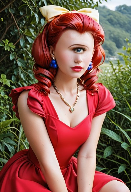 score_9, score_8_up, score_7_up, score_6_up, <lora:PMJessebelle_epoch_7:0.8>, PMJessebelle, blue eyes, red hair, drill hair, yellow bow, hair bow, earrings, lipstick, pink lips,
pearl necklace, red dress, shoulder pads,
leaning forward, serious, looking at viewer, facing viewer, hand on own knee, cowboy shot, 
BREAK day, sunlight, outdoors,
gorgeous lips, cinematic, (masterpiece), (best quality), (ultra-detailed), very aesthetic, illustration, perfect composition, intricate details, absurdres, (realistic, ultrarealistic, masterpiece, intricate:1.3), (best quality, hires textures, high detail:1.2), (4k), (incredibly detailed:1.4), (masterpiece, best quality:1.2), cyclopsgirl, thinmonobrow, masterpiece,best quality,
