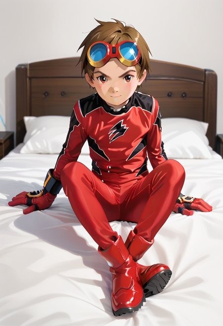 score_9, score_8_up, score_7_up, zPDXL2, 
1boy, solo, goggles on head, brown hair, 
,sitting on bed,
geki red, red bodysuit, black markings,   red gloves, red boots,