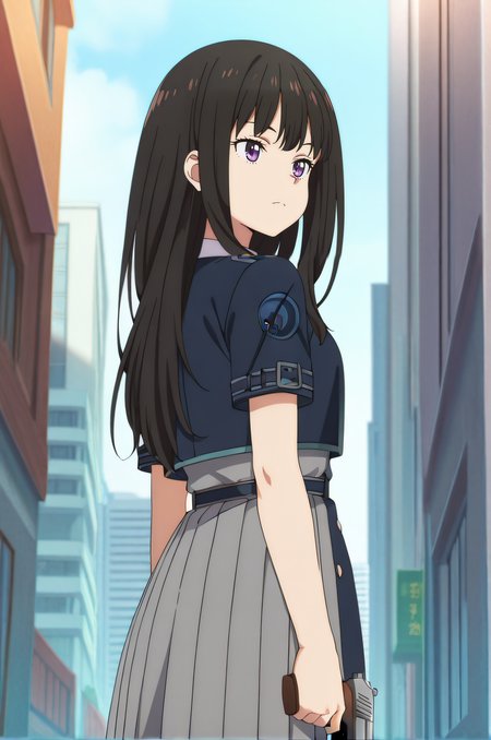 masterpiece, best quality, highres, newest, 1girl, solo, official style, anime screencap, <lora:Inuoe_Takina:1>, takina, black hair, purple eyes, lycoris uniform, short sleeves, expressionless, outdoor, day, city, holding gun, looking behind, frown, cowboy shot