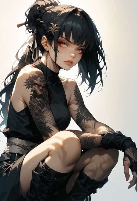 score_9, score_8_up, score_7_up, score_6_up, score_5_up, score_4_up, (masterpiece, best quality, high quality, highres, ultra-detailed), source_anime, 1girl, solo, ninja, halter top, fishnet sleeves, black hair, long hair, braid, hair ornament, squatting, arms on knees, dynamic pose, dutch angle, soft focus, <lora:Sinozick_Style_XL_Pony:0.8> sinozick style, flat color, dark theme, <lora:jym-r4t:0.9> <lora:t4tsXLP:0.8> t4ts, tattoos, tattoo,