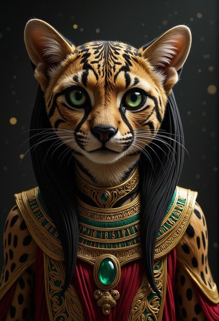 <lora:flux-licoricestyle.safetensors:1> made out of  Licorice, A fantastical creature with striped, animal-like features, blending the familiar with the exotic.
In this captivating digital artwork by @mochadawson, a regal anthropomorphic cheetah dons majestic Egyptian attire, replete with golden accents and emerald collar. Set against a swirling cosmic backdrop, the creature exudes mystique and ancient power, its piercing green eyes seeming to hold secrets of forgotten civilizations.