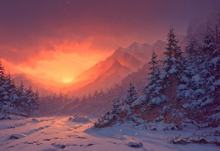 masterpiece, score_9_up, score_8_up, score_7_up, score_6_up, (best quality:1.1), ultra-detailed, high resolution, no characters, mountain, nature, mountainous horizon, outdoors, tree, snowing scenery, snow, outdoors, winter, clouds, snowy mountains, snow all around, sunset, orange tones, forest, sun, snowfall