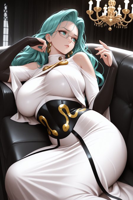 masterpiece, best quality, 1girl, solo, <lora:psykos-illu-nvwls-v1-000006:1> opmpsy, wavy hair, aqua hair, long hair, aqua eyes, large breasts, earrings, glasses, turtleneck, white dress, shoulder cutout, bare shoulders, black underbust, gold brooch, black elbow gloves, bridal gauntlets, long dress, lying on side, long couch, hand up, tired, looking to the side, mansion, chandelier, black theme