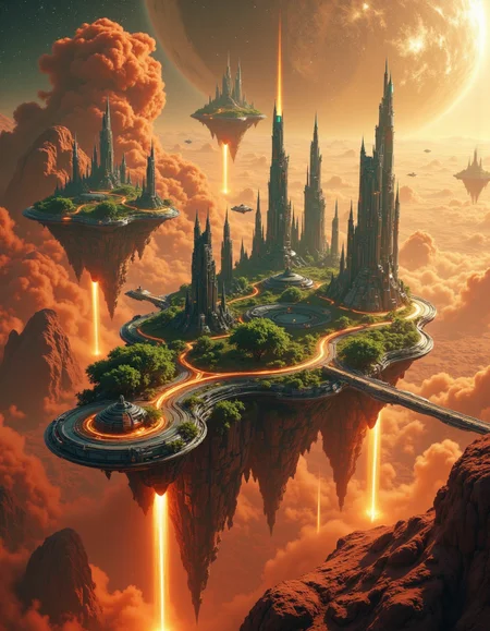 Suspended in the vast expanse of space, a mesmerizing chain of islands drifts serenely in orbit around the red planet, Mars. Each island hovers at a different altitude, their surfaces adorned with lush, emerald foliage that flourishes beneath the glimmering force fields enveloping them like protective shields. The shimmering barriers ripple like liquid light, refracting the harsh glow of distant stars and painting the sky with an ethereal iridescence.
Expansive land bridges connect these celestial wonders, their structures crafted from advanced alloys that gleam under the golden radiance of a nearby sun. Towering skyscrapers, sleek and futuristic, rise like monolithic sentinels from the dense greenery, their crystalline facades pulsing with streams of neon energy. Some seem to touch the heavens, their uppermost floors disappearing into the wisps of cosmic mist that swirl around them.
Above and below, sleek shuttles weave through the intricate pathways of this orbital oasis, descending gracefully toward the Martian surface in choreographed arcs of propulsion and light. Each craft leaves behind a faint, luminescent trail as it navigates through the shimmering force fields, vanishing into the crimson haze that blankets the planet below. The scene is a breathtaking fusion of sci-fi wonder and mystical grandeur, rendered in stunning 8K detail with the magic of Unreal Engine, Octane Render, and the unparalleled realism of ray tracing. It is a vision of a world where technology and fantasy entwine, suspended in the cosmos like an artistâs dream brought to life. <lora:Flux_Detailer_v3:0.8> Jeddtlv3 <lora:Test:0.8> n1t3_du5t