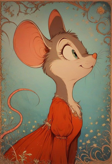 score_9, score_8_up, score_8, (solo:1.5), (fluffy:0.8), (feral:1.5), furry, (((mouse))), female, claws, (fluffy cheeks:0.5), (dress), j_cartoon, cute, (head focus, side view, portrait:1.5), (art nouveau:1.3), abstract,