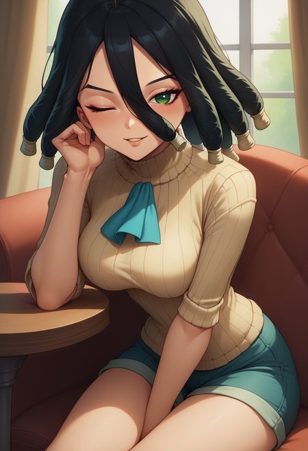 score_9, score_8_up, score_7_up,  1girl, Kirisame, green eyes, black hair, dreadlocks, hair between eyes, <lora:KirisameDrStone_XLPD:0.9>, ascot, turtleneck sweater, ribbed sweater, sweater dress, parted lips, bright smile, blush, cowboy shot, shorts, sitting, elbow rest, looking at viewer, one eye closed,