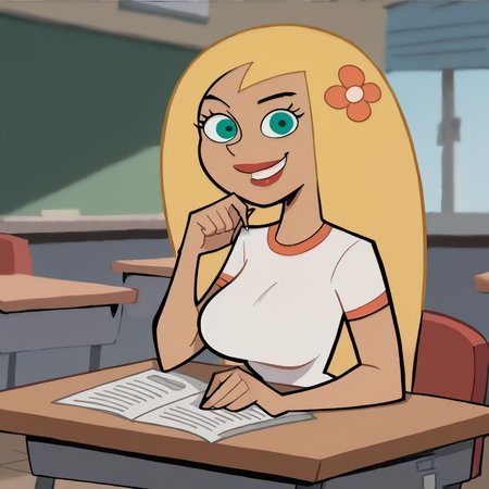 score_9, score_8_up, score_7_up,score_5_up, score_4_up, stardp, 1girl, solo, blonde hair, long hair, flower, aqua eyes, hair flower, hair ornament, smile, lipstick, indoors, classroom, sitting on desk, white shirt, red capris, large breasts, looking at viewer, t-shirt, 
 <lora:StarDP:1>,     
 <lora:shexyo style xl:1>