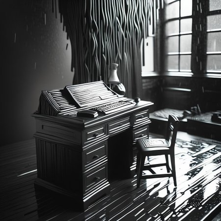 Writing desk, Raining, shallow depth of field, American Scene Painting, painterly, made out of Jed-Lcrce, <lora:LicoriceStyle-000007:1>, stunning, theatrical, set logical ambient background, romantic, sunny, ambient atmosphere, contemporary fine detail, cool colors, detailed, highly complex, creative