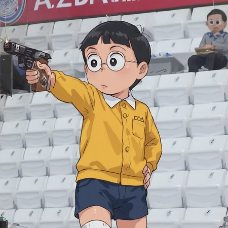 score_9, score_8_up, score_7_up, shiny oiled skin, 
1boy,solo,child, nobita, round glasses,yellow shirts,white socks,black hair,bowl cut,black eyes,o3o, BLUE SHORTS, 
yeji_shootingpose,  holding gun, aiming, glasses, (one hand in pocket), 
 <lora:nobita:0.7> <lora:Concept_Kim_Yeji_-_Olympic_Summer_2024_Shooting_Pose_-_PDXL_-_V2:1>
