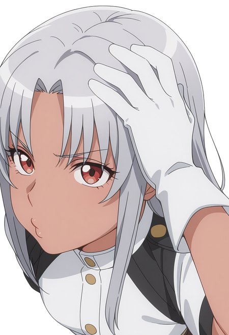 Smooth Quality,masterpiece, ultra realistic,
simple background, white background,
from above,o3o,Hand on own head,
 <lora:AquaErisCnn:0.8>Aqua/Cnn, Sist/Cnn, long hair, 1girl, red eyes, dark-skinned female, uniform, grey hair, gloves,