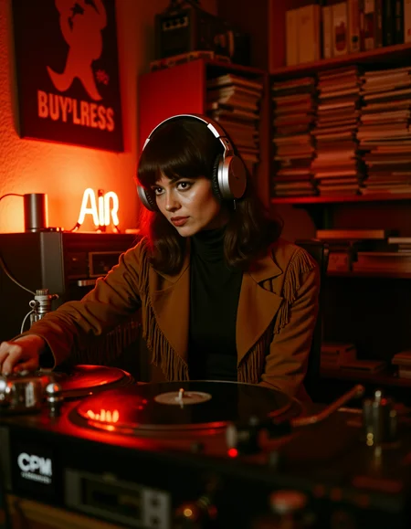 analog film photo ultra quality, ultra realistic, ultra detailed, ultra lighting, cinematic, ethereal feel, ethereal ambience,  <lora:70s photo style&fashion:1> 70sphoto,stylish female DJ mid-broadcast in a cluttered late-night radio studio, reel-to-reel tapes spinning behind her, tangled cords, tall stacks of vinyls, wearing an open suede fringe jacket over a tight turtleneck, large silver headphones engulfing her 70s blowout hair, dramatic shadows cast by a low orange desk lamp, a glowing red âOn Airâ sign illuminating her profile, Canon AE-1 capture on 800-speed Fujicolor, artificial tungsten light with intentional underexposure for cinematic warmth, grainy, mysterious, alluring eyes focused on a turntable needle, retro look, retro photo . faded film, desaturated, 35mm photo, grainy, vignette, vintage, Kodachrome, Lomography, stained, highly detailed, found footage, RAW candid cinema, 16mm, color graded portra 400 film, remarkable color, ultra realistic, textured skin, remarkable detailed pupils, realistic dull skin noise, visible skin detail, skin fuzz, dry skin, shot with cinematic camera