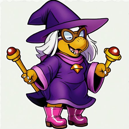 female,
<cartoon:1.5>,
<2d:1.5>,
kammy_koopa, granny_koopa, transparent background, solo, hat, witch hat,purple hat, purple robe, purple headwear, full body, white hair,  witch hat, holding, 1girl, wide sleeves, staff,boots,
<lora:Kammy_Koopa_Paper_Mario_Pony_SDXL:1> kammy_koopa <lora:90s4n1m3XLP:1> 90s4n1m3, happy,
smile,
teeth,
tongue