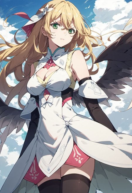 score_9, score_8_up, score_7_up, source_anime, rinne, long hair, blonde hair, green eyes, 1girl, solo, thighhighs, wings, cleavage, cloud, dress, clothing cutout, black thighhighs, cleavage cutout, sky, hair ornament