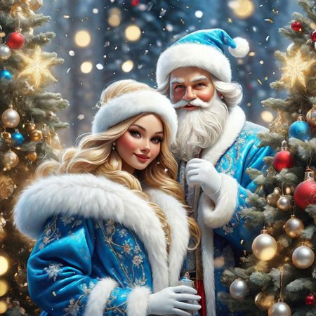 photorealism, general plan, shiny rhombus Santa Claus (blue fur coat, fur gloves) and ((little Snow Maiden)), ((full growth)) at the Christmas tree, clothes with gold accents, New Year's toys, confetti, gifts, magical light, emitting light , Amid the Glitter, Symmetrical Super Detailed Texture, Pearl Filigree, Conceptual Art, Art Station, Perfect Composition, Masterpiece, Brilliant Professional Photography, Macro, Natural Light, Canon Lens, 64MP DSLR Shot, Unearthly Sharp Focus