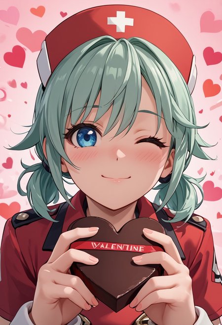 score_4,score_5,score_6,score_7_up,score_8_up,score_9 ((masterpiece,best quality,ultra detailed,highres,HD,4k:1.2)), 
1girl, solo,solo focus,girl focus,face focus,
Lola(Healing),blue eyes,green hair, short hair,  low twintails, hair between eyes, bangs, red nurse cap, red headwear,
pov,from the front, front view, front angle, 
Happy Valentine's Day, Valentine's chocolate, holding wrapped chocolate, 
heart background, 
blush,((wink:1.1)), smile, happy, shy,closed mouth,