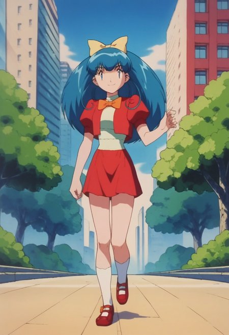 score_9,score_8_up,score_7_up,score_6_up, easynegative, negative_hand, source_anime,
standing, smiling, looking at viewer, cowboy shot, full body, outside, buildings, city, trees, solo
PKMNTemacu, 1girl, blue hair, long hair, bangs, blue eyes,
yellow hair bow, red puffy short sleeves, orange bow tie, red skirt, white socks, red shoes