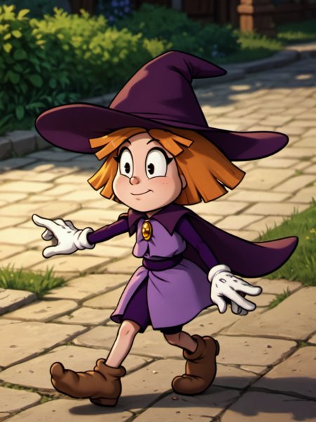 score_9, score_8_up, score_7_up,  score_6_up, BREAK, P3nny, 1girl, solo, orange hair, short hair, witch hat, purple hat, black eyes, purple dress, purple cape, purple pantihouse, white gloves, brown footwear,  <lora:Penny-000009:1>