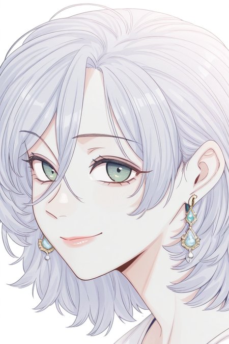 masterpiece, best quality, amazing quality,
 <lora:Girltrap_IL:1> strgrltrp, earrings, solo, jewelry, 1girl, green eyes, looking at viewer, portrait, white background, hair between eyes, simple background, grey hair, short hair, closed mouth, smile, medium hair, shirosan