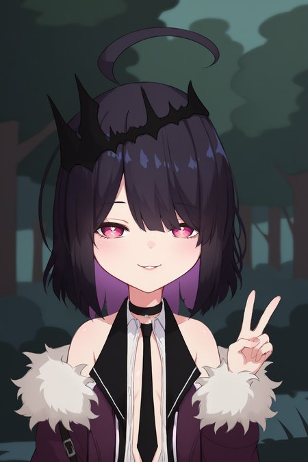 score_9, score_8_up, score_7_up, score_6_up, BREAK, AnniePrincessuGoticaVTPXL, pink eyes, black hair, purple hair, colored inner hair, medium hair, bangs, ahoge, black crown, flat chest, bare shoulders, black choker, black necktie, fur trim, purple jacket, white shirt, open clothes, miniskirt, black skirt, pleated skirt, solo, front view, (portrait, upper body), (peace sign), solo focus, seductive smile, looking at viewer, forest, tree <lora:AnniePrincessuGoticaVTPXL:0.9>