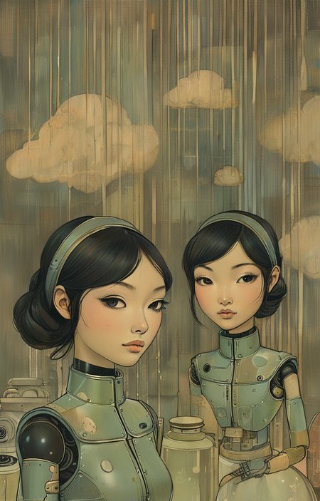 masterpiece,best quality,<lora:tbh280-sdxl:0.9>,illustration,style of Audrey Kawasaki
 portrait of Housework robots
