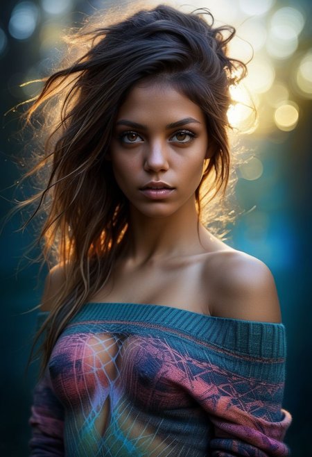 mysterious native woman, a stunningly seductive stare, in off-shoulder sweater, fading backlit background, pastell colours, alluring goddess, by Minjae Lee, Carne Griffiths, Emily Kell, Steve McCurry, Geoffroy Thoorens, Aaron Horkey, Jordan Grimmer, Greg Rutkowski, amazing depth, double exposure, surreal, geometric patterns, intricately detailed, bokeh,  perfect balanced, deep fine borders, artistic photorealism , smooth,  great masterwork by Suiras  <lora:add-detail-xl:2>  <lora:Double_Exposure:0.5>