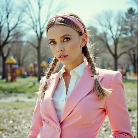 analog film photo watercolor painting ethereal fantasy concept art of  surrealist art analog photography, analog photo, a stunning woman in an eerie abandoned playground in the background, she's wearing a pink women's suit, braided hair, a white blouse and a pink headlace. A candid, close up shot <lora:Riley_Voelkel:1> rileyv . dreamlike, mysterious, provocative, symbolic, intricate, detailed, magnificent, celestial, ethereal, painterly, epic, majestic, magical, fantasy art, cover art, dreamy . vibrant, beautiful, painterly, detailed, textural, artistic, RAW candid cinema, 16mm, color graded portra 400 film, remarkable color, ultra realistic, textured skin, remarkable detailed pupils, realistic dull skin noise, visible skin detail, skin fuzz, dry skin, shot with cinematic camera . faded film, desaturated, 35mm photo, grainy, vignette, vintage, Kodachrome, Lomography, stained, highly detailed, found footage