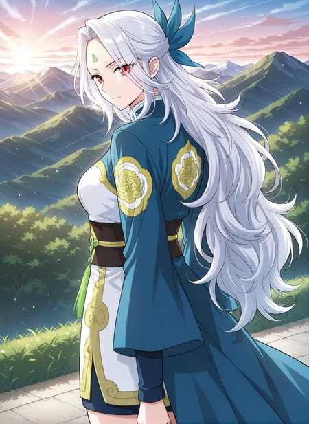 <lora:Yao_Ling__Battle_Through_the_Heavens__Illustrious:1>
1 girl, solo, long white hair, wavy hair, side ponytail with bow, half updo, red eyes, forehead mark, one hair strand sticking up, anime style, 
chinese dress, short dress, blue and white dress, lime green accents, high slit dress, long wide sleeves, blue sleeves, dark waist corset, emblem on sleeve, decorated dress hem, cape-like cloth behind, ornamental design, blue ribbon hair accessory, 
score_9, score_8_up, score_7_up, source anime, BREAK, cowboy shot, (from side), looking back, looking at viewer, overlooking mountain, high altitude, scenery, exterior, background, (solo), perfect hands