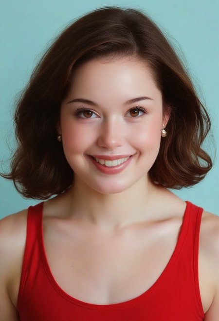 score_9, score_8_up, score_7_up, wide shot, high quality, best quality, photorealistic, sunny, gorgeous shot BREAK 18 year old, 
brunette, cute, big eyes, soft jaw, cute smile, small mouth, plump lips, very plump lips, very small mouth,small nose, neoteny, smiling, european, 
th1ntt0png, red tank top2.1, 
fresh skin, goosebump skin, pale skin, 7-cgifaces, skinny, petite, detailed eyes, skinny, flat chested, very widset eyes, very small mouth, very plump lips,