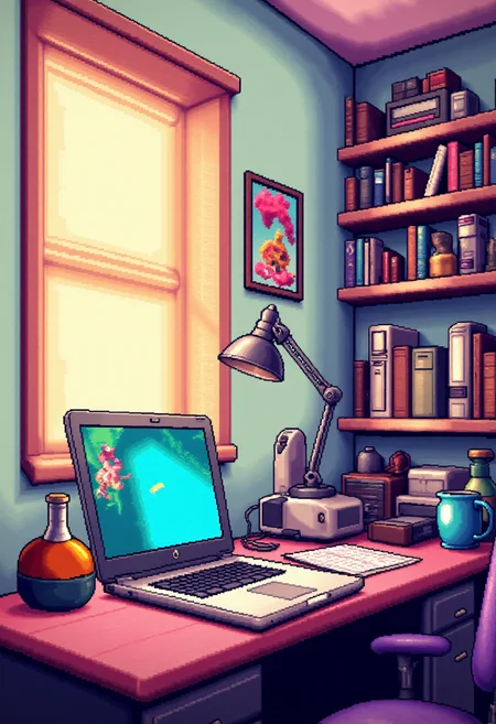 <lora:KFT_2d_Pixel_Style_FLUX-000017:1>
The image is a vibrant kftpxl pixel art illustration featuring    a laptop on a desk