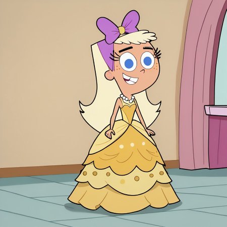 score_9, score_8, score_7, BREAK, chloe_fop, long hair, blonde hair, blue eyes, freckles, hair bow, cute, Very long large straight sparkling tulle yellow princess ball gown hoop skirt, ball gown hoop skirt, yellow princess dress, hoopdress, my big sparkly gypsy wedding dress, ballgown, She is wearing long elbow length yellow fingerless bridal gloves, white pearl necklace, a girl in a big wide poofy floor length posing for a picture, wearing a sleeveless ballgown, looking at viewer and smiling, standing, smiling, full body, looking at viewer